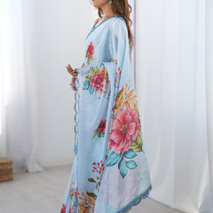 Sky Blue Chinon Silk Print Work With Mirror Work Border Designer Saree