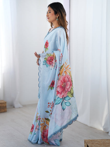 Sky Blue Chinon Silk Print Work With Mirror Work Border Designer Saree
