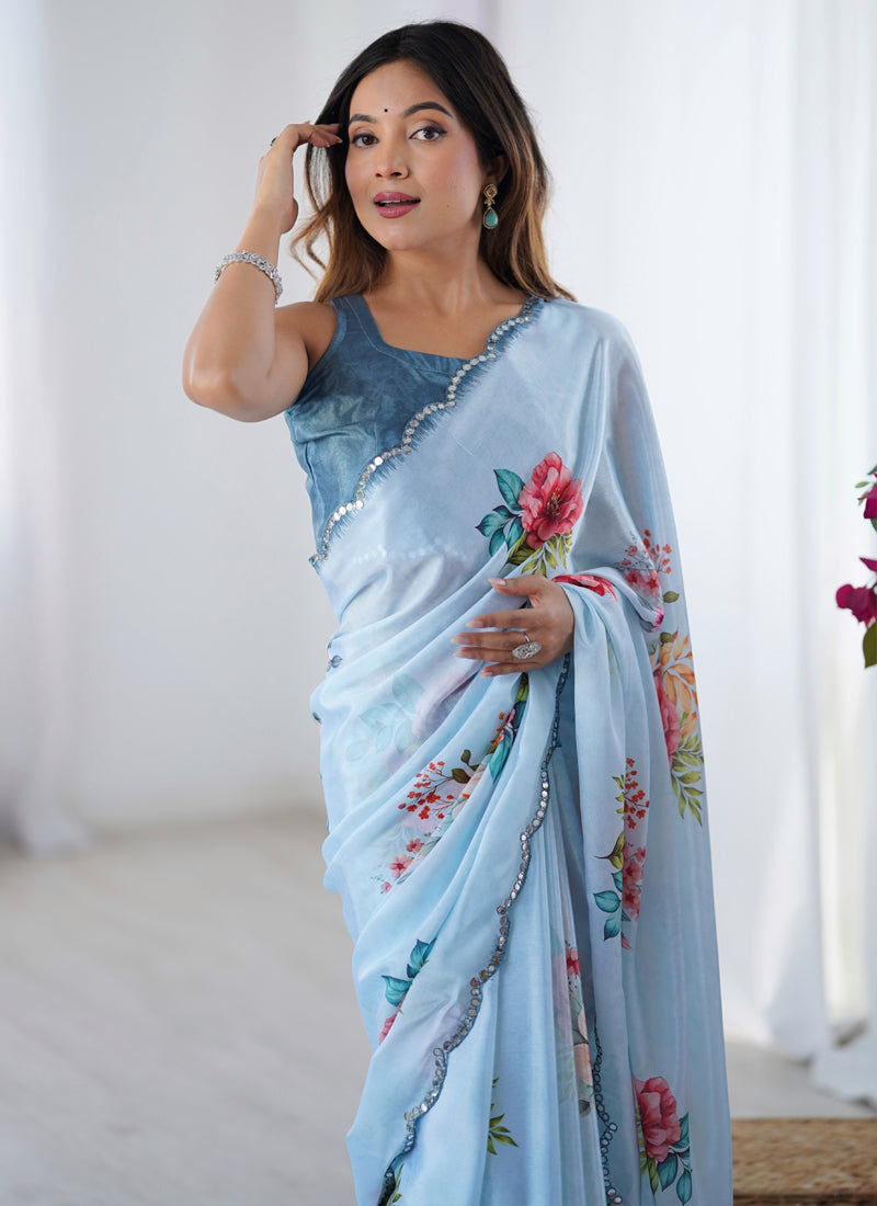 Sky Blue Chinon Silk Print Work With Mirror Work Border Designer Saree