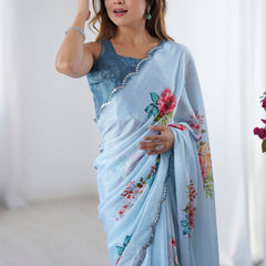 Sky Blue Chinon Silk Print Work With Mirror Work Border Designer Saree