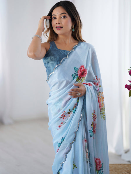 Sky Blue Chinon Silk Print Work With Mirror Work Border Designer Saree