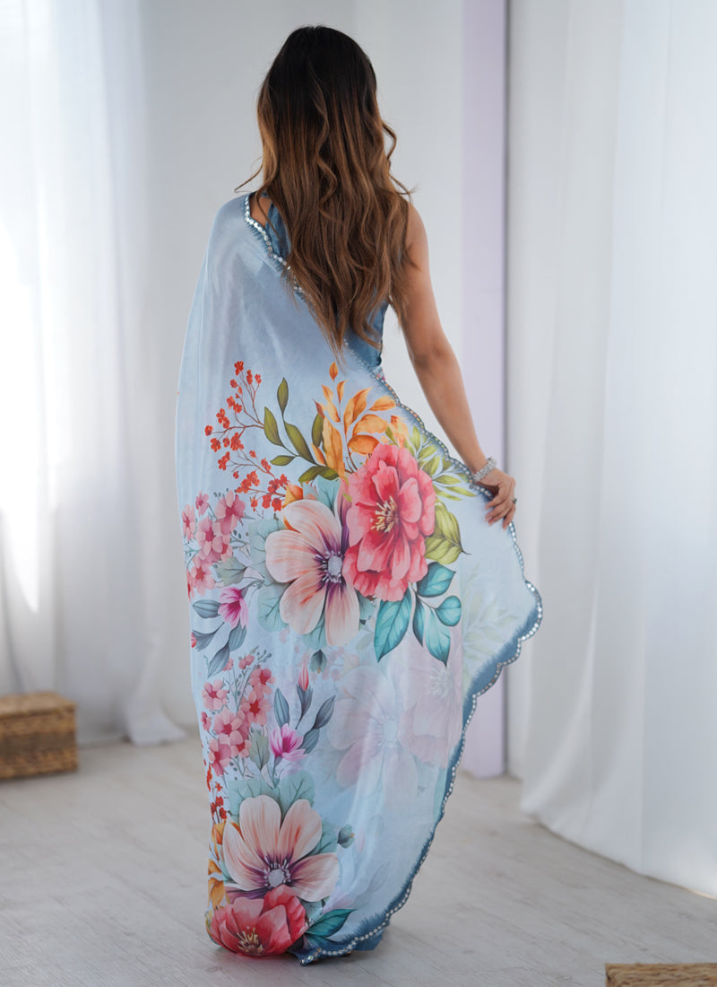 Sky Blue Chinon Silk Print Work With Mirror Work Border Designer Saree