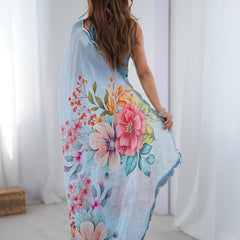 Sky Blue Chinon Silk Print Work With Mirror Work Border Designer Saree