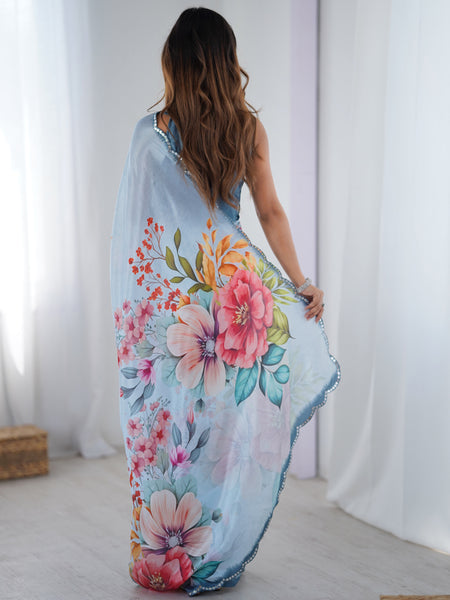 Sky Blue Chinon Silk Print Work With Mirror Work Border Designer Saree
