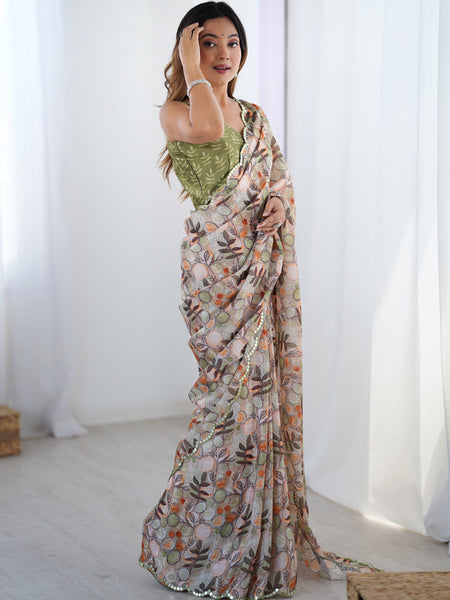 Multicolor Chinon Silk Print Work With Mirror Work Border Designer Saree