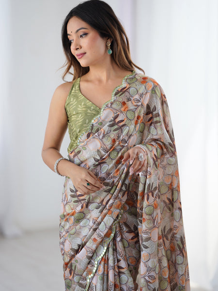 Multicolor Chinon Silk Print Work With Mirror Work Border Designer Saree