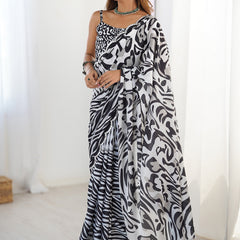 Designer Black Color Chinon Silk Saree With Print Work & Mirror Border