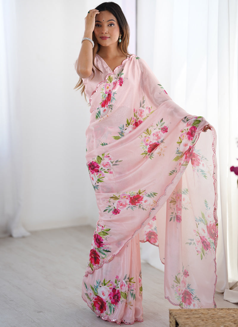 Light Pink Chinon Silk Print Work With Mirror Work Border Designer Saree