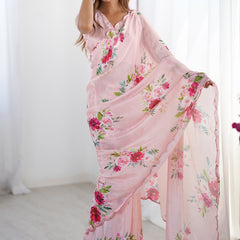 Light Pink Chinon Silk Print Work With Mirror Work Border Designer Saree