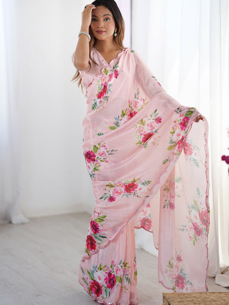 Light Pink Chinon Silk Print Work With Mirror Work Border Designer Saree