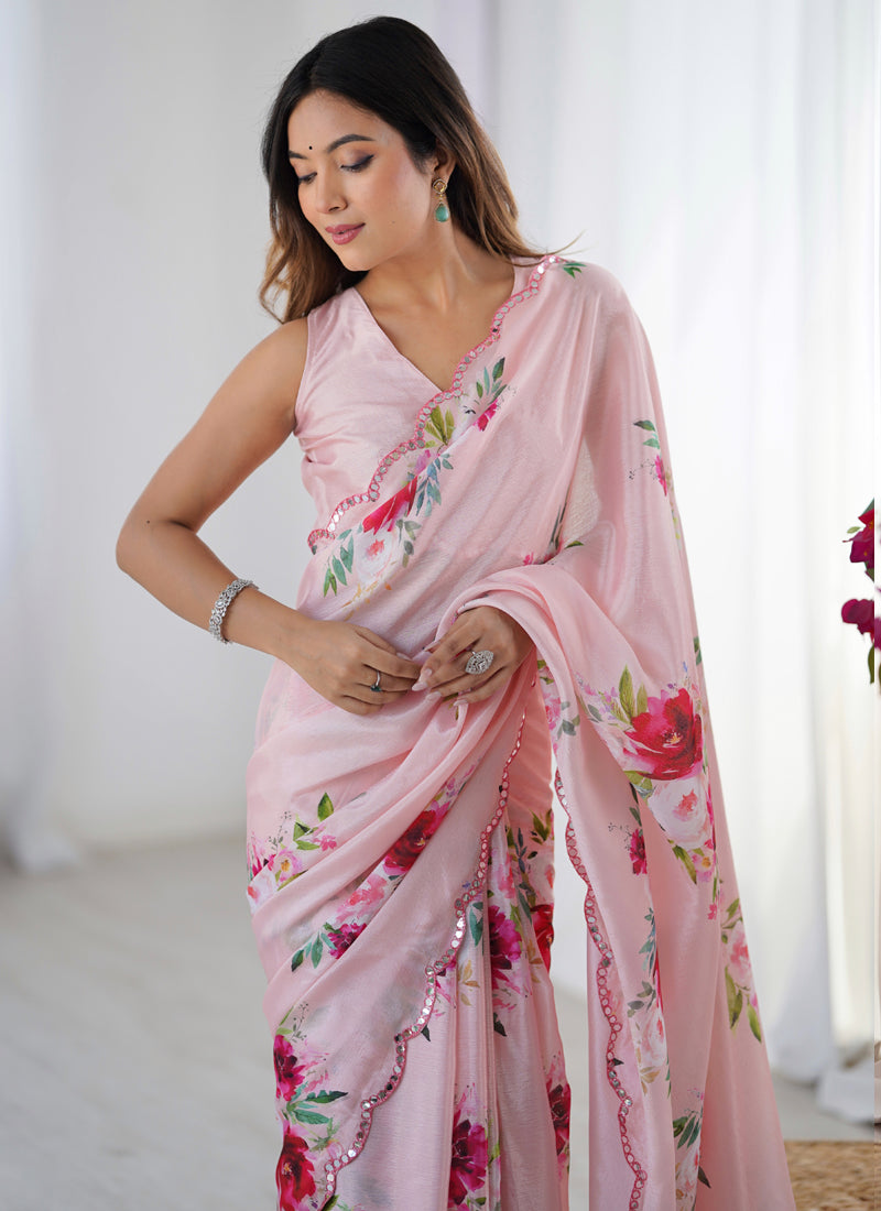 Light Pink Chinon Silk Print Work With Mirror Work Border Designer Saree