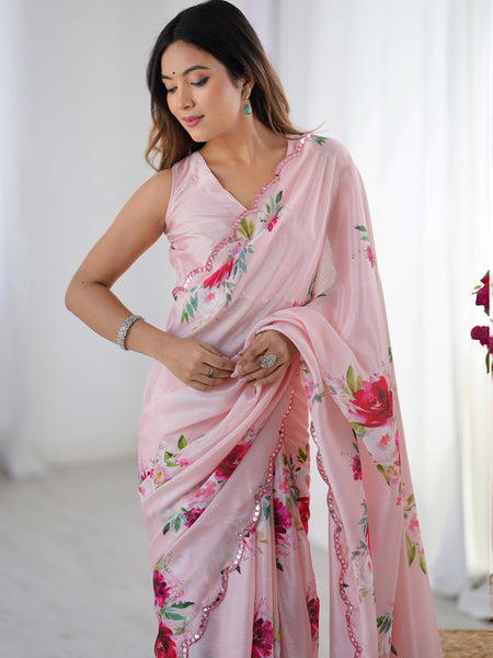 Light Pink Chinon Silk Print Work With Mirror Work Border Designer Saree