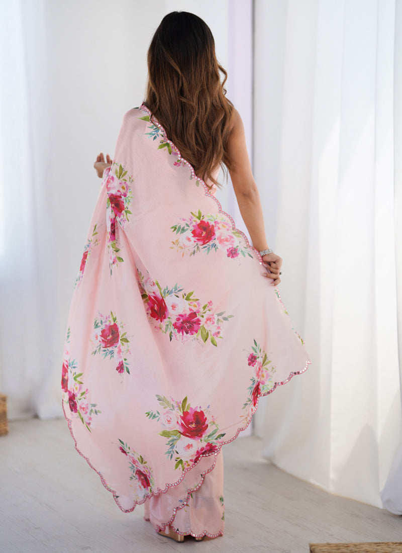 Light Pink Chinon Silk Print Work With Mirror Work Border Designer Saree
