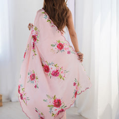 Light Pink Chinon Silk Print Work With Mirror Work Border Designer Saree