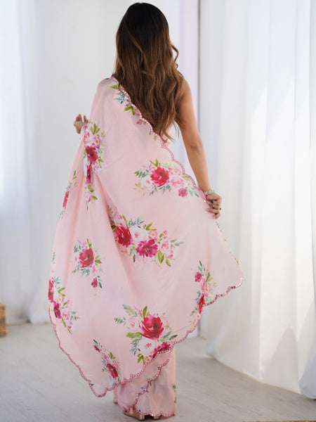Light Pink Chinon Silk Print Work With Mirror Work Border Designer Saree