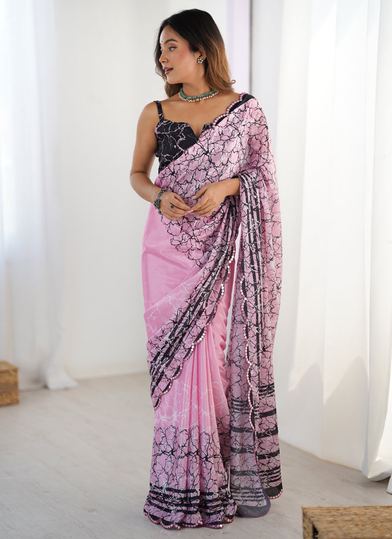 Baby Pink Chinon Silk Print Work With Mirror Work Border Designer Saree