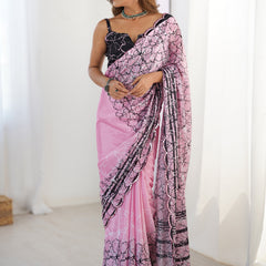 Baby Pink Chinon Silk Print Work With Mirror Work Border Designer Saree