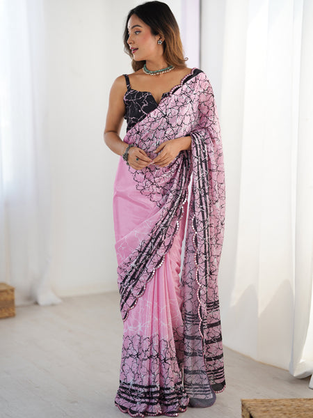 Baby Pink Chinon Silk Print Work With Mirror Work Border Designer Saree