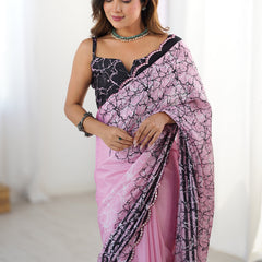 Baby Pink Chinon Silk Print Work With Mirror Work Border Designer Saree
