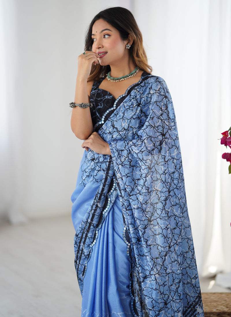 Blue Chinon Silk Print Work With Mirror Work Border Designer Saree