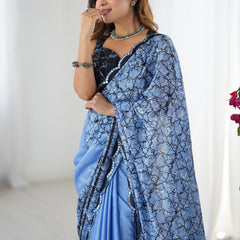 Blue Chinon Silk Print Work With Mirror Work Border Designer Saree