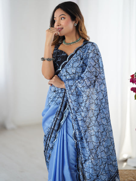 Blue Chinon Silk Print Work With Mirror Work Border Designer Saree