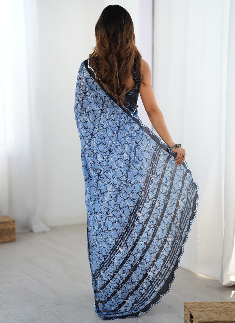 Blue Chinon Silk Print Work With Mirror Work Border Designer Saree