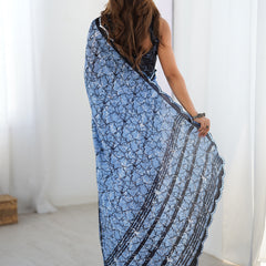 Blue Chinon Silk Print Work With Mirror Work Border Designer Saree