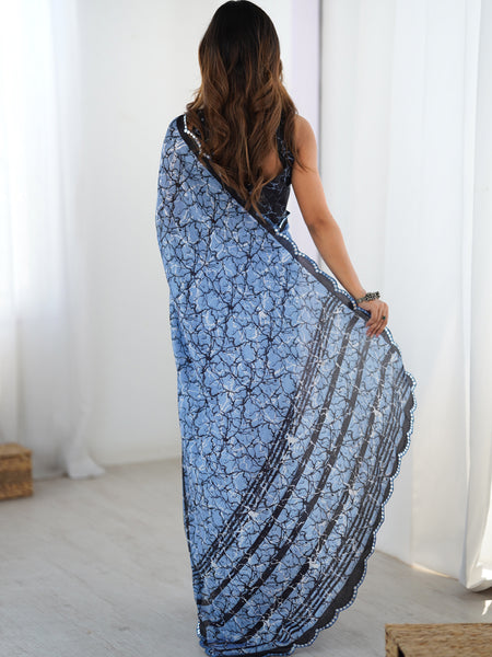 Blue Chinon Silk Print Work With Mirror Work Border Designer Saree