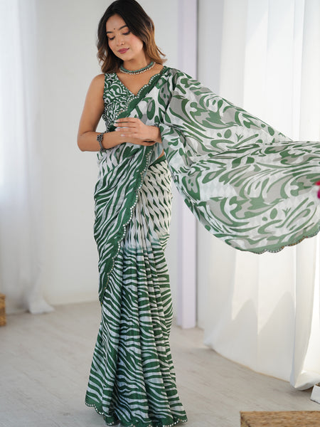 Green Color Chinon Silk Print Work With Mirror Work Border Designer Saree