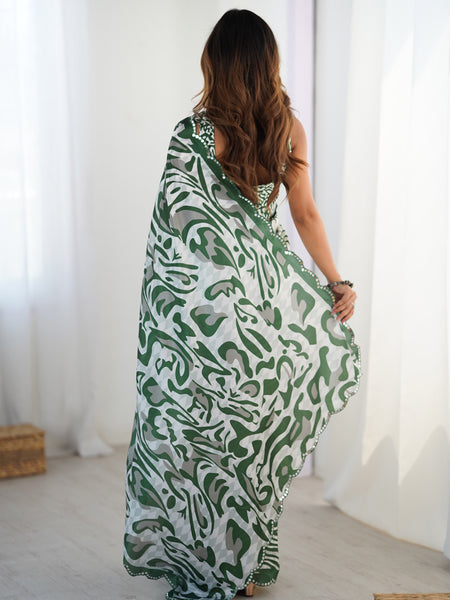 Green Color Chinon Silk Print Work With Mirror Work Border Designer Saree