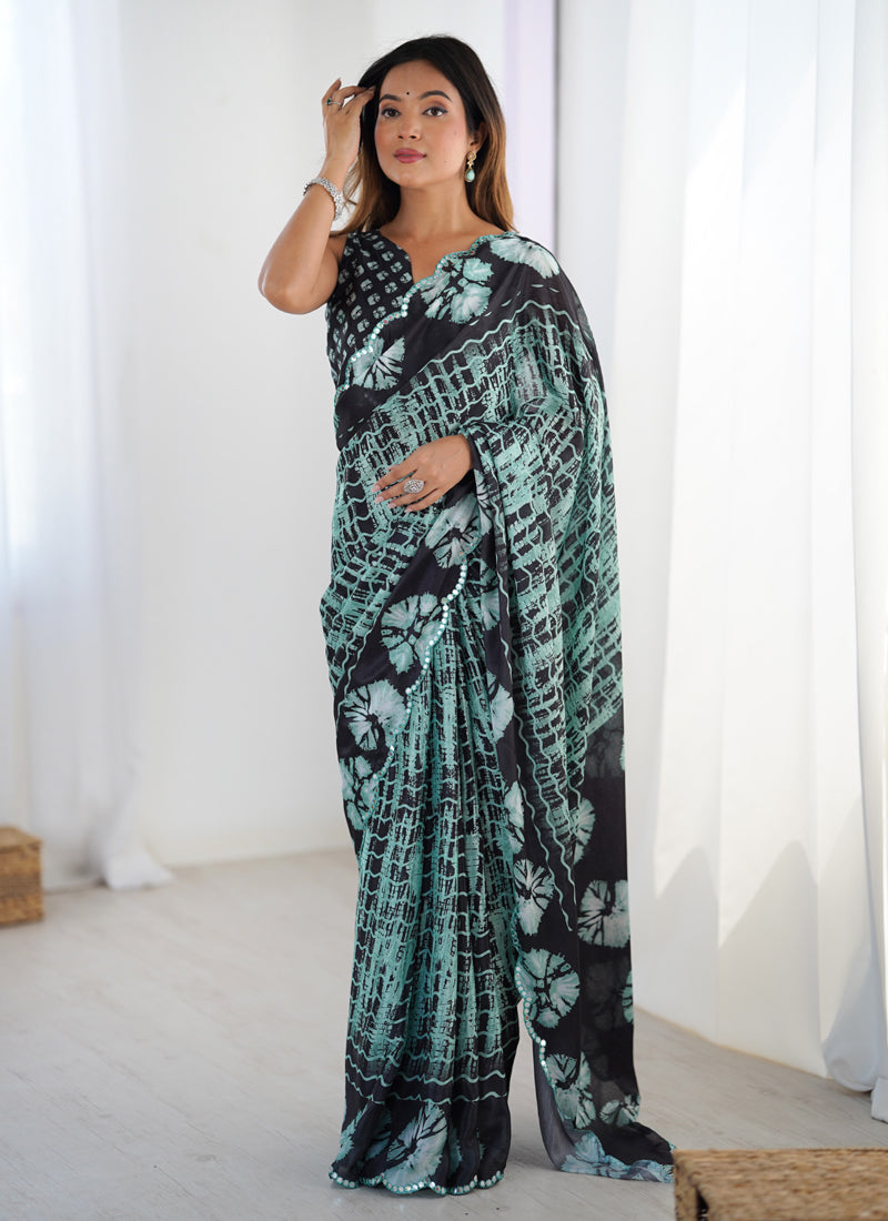 Black Color Chinon Silk Print Work With Mirror Work Border Designer Saree