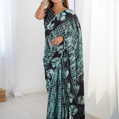 Black Color Chinon Silk Print Work With Mirror Work Border Designer Saree