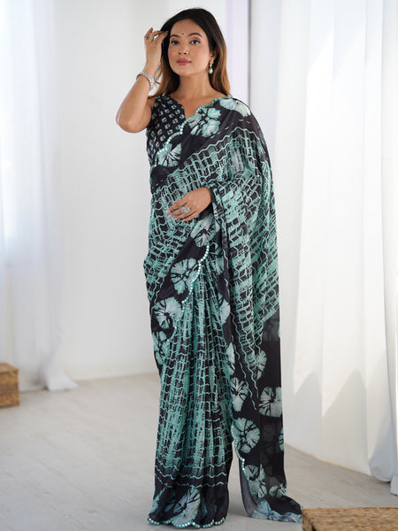 Black Color Chinon Silk Print Work With Mirror Work Border Designer Saree