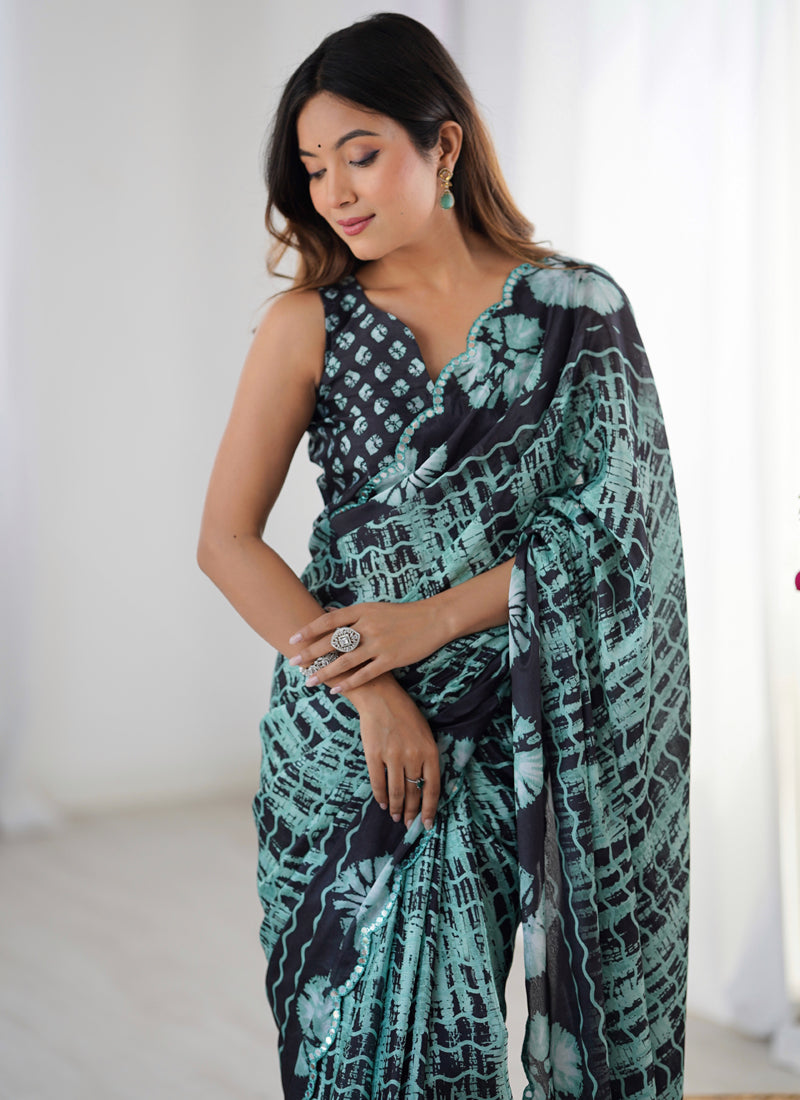 Black Color Chinon Silk Print Work With Mirror Work Border Designer Saree