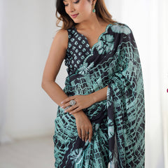 Black Color Chinon Silk Print Work With Mirror Work Border Designer Saree