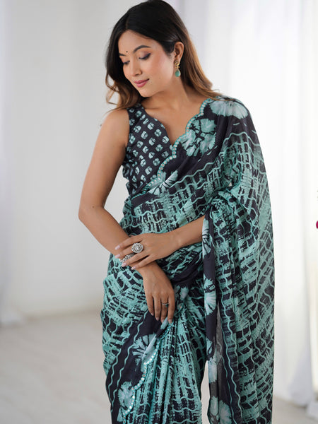 Black Color Chinon Silk Print Work With Mirror Work Border Designer Saree
