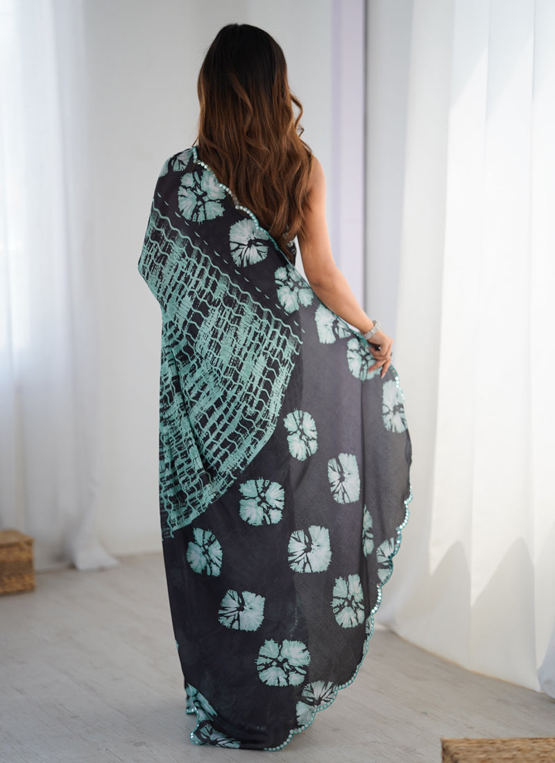 Black Color Chinon Silk Print Work With Mirror Work Border Designer Saree