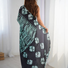 Black Color Chinon Silk Print Work With Mirror Work Border Designer Saree