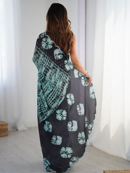 Black Color Chinon Silk Print Work With Mirror Work Border Designer Saree