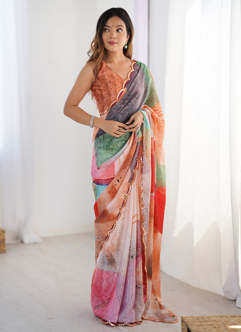 Stylish Multi Color Printed Chinon Silk Saree With Elegant Mirror Work Border