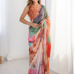 Stylish Multi Color Printed Chinon Silk Saree With Elegant Mirror Work Border