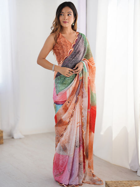 Stylish Multi Color Printed Chinon Silk Saree With Elegant Mirror Work Border