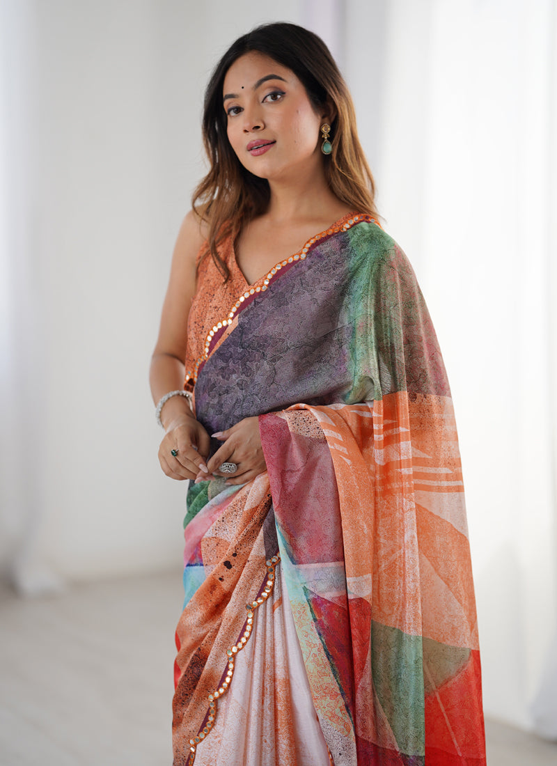 Stylish Multi Color Printed Chinon Silk Saree With Elegant Mirror Work Border