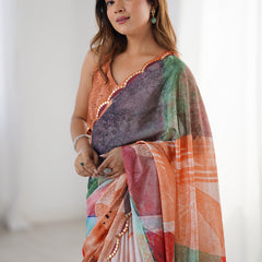 Stylish Multi Color Printed Chinon Silk Saree With Elegant Mirror Work Border