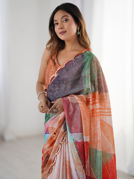 Stylish Multi Color Printed Chinon Silk Saree With Elegant Mirror Work Border