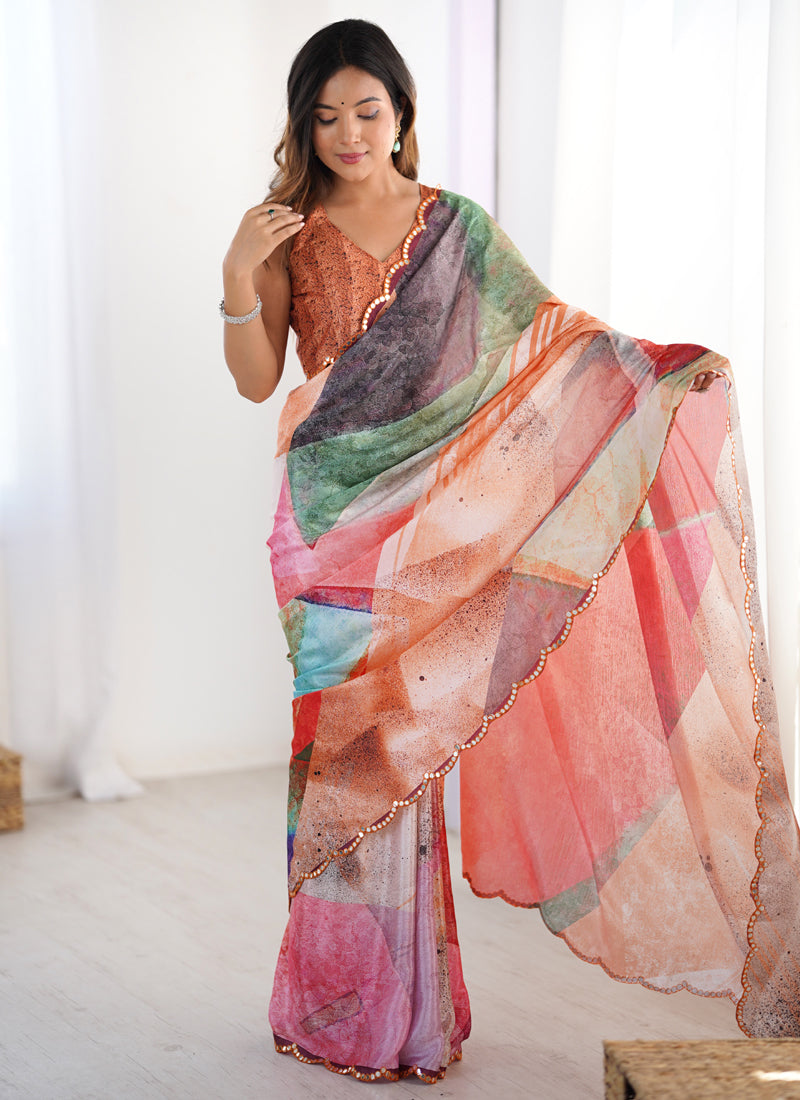 Stylish Multi Color Printed Chinon Silk Saree With Elegant Mirror Work Border
