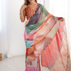 Stylish Multi Color Printed Chinon Silk Saree With Elegant Mirror Work Border