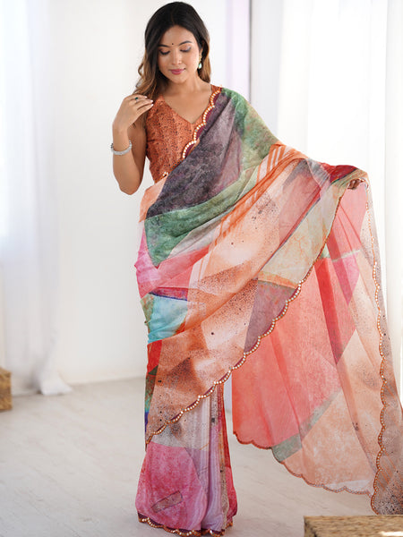 Stylish Multi Color Printed Chinon Silk Saree With Elegant Mirror Work Border