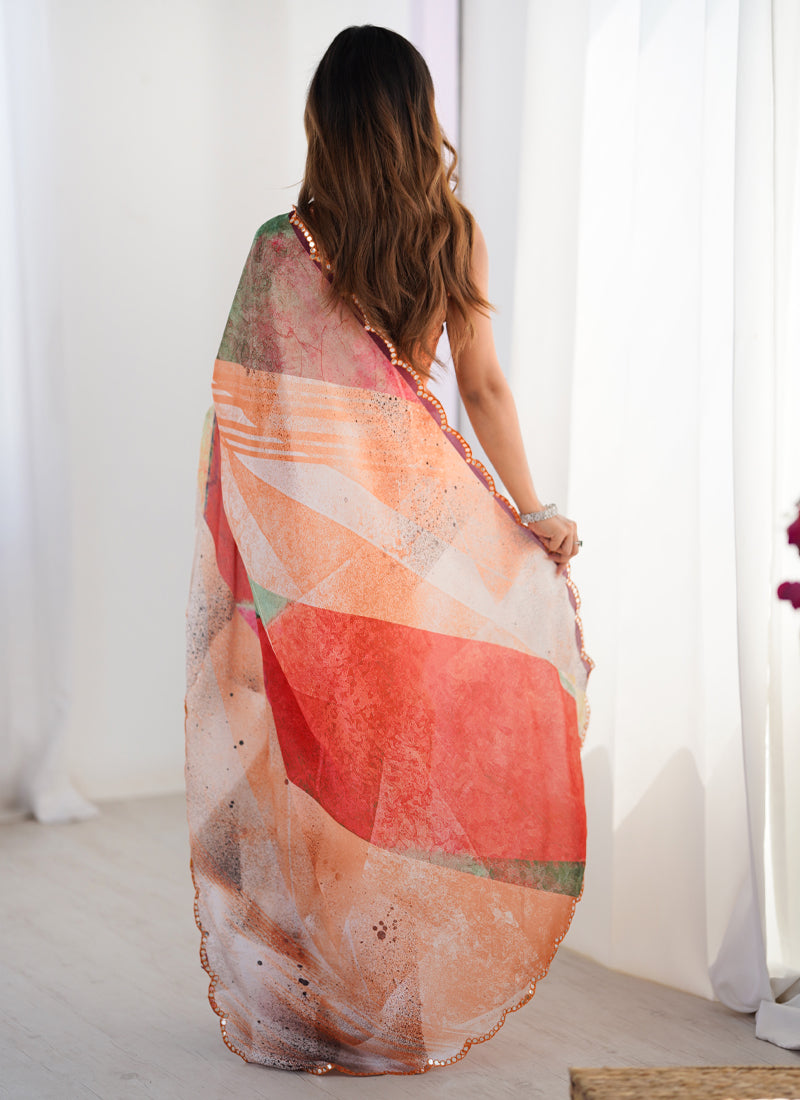Stylish Multi Color Printed Chinon Silk Saree With Elegant Mirror Work Border